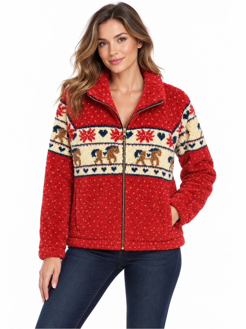 Women’s Red Zip-Up Fleece Jacket with Nordic Pattern